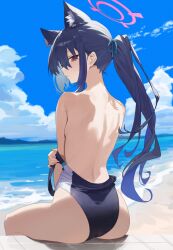 1girls animal_ears ass back back_view beach black_hair blue_archive blush female female_focus female_only htt looking_at_viewer ponytail public public_nudity red_eyes school_swimsuit serika_(blue_archive) solo solo_female solo_focus swimsuit