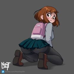 1girls alternate_version_available backpack blue_dress blush brown_eyes brown_hair dress gray_shirt my_hero_academia naytlayt ochako_uraraka pantyhose school_uniform shirt shoes skirt solo solo_female