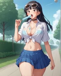 1girls ai_generated bangs black_hair boku_no_kokoro_no_yabai_yatsu breasts brown_eyes choker cleavage collarbone collared_shirt female group long_hair looking_afar melting_popsicle navel notreallyhere open_mouth outdoors park pleated_skirt popsicle skirt solo suggestive_fluid sunglasses sunglasses_on_head sweat thick_thighs tied_shirt tongue yamada_anna