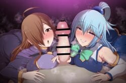 1boy 2girls aqua_(konosuba) blue_eyes blue_hair blush brown_eyes brown_hair censor_bar censored cleavage cowgirl_position female goddess hair_between_eyes hair_over_one_eye handjob huge_breasts kono_subarashii_sekai_ni_shukufuku_wo! large_breasts large_glans long_hair long_sleeves lustful_gaze male male_pov milf miniskirt moaning multiple_girls penis ponpo ponytail sleeves_past_elbows steam white_sleeves wiz_(konosuba)