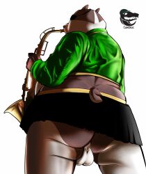 absurd_res anthro ass badgerclops balls bottomwear camcroc cartoon_network cheerleader clothed clothing crossdressing destination_calabria genitals hi_res humanoid male male/male mao_mao:_heroes_of_pure_heart musical_instrument non-human overweight presenting presenting_hindquarters saxophone skirt slightly_chubby solo topwear white_background wind_instrument woodwind_instrument