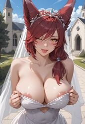 1girls ai_generated animal_ears breasts bride female flashing flashing_at_viewer flashing_breasts front_view gallerai league_of_legends nipple_slip nipples one_eye_closed outdoors outside red_hair riot_games seductive solo solo_female teasing teasing_viewer tongue tongue_out vastaya wedding_dress wink winking winking_at_viewer xayah