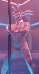 1boy 3d body_hair boner bowtie brown_hair bunny_ears collar dbd dead_by_daylight erection felix_richter gay large_penis male_focus male_only muscle muscles muscular nude nude_male penis pole pole_dancing slythx solo solo_male tongue tongue_out yaoi