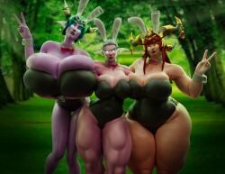 3d 3girls alexstrasza ass_vs_breasts bottom_heavy bunny_ears bunnysuit chubby chubby_female cleavage deforming_mesh dragon dragonflight female gigantic_breasts huge_breasts milf muscular muscular_female night_elf sisters standing top_heavy vanasmut voluptuous world_of_warcraft ysera