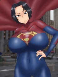 black_eyes black_hair cape clothed clothed_female dc_comics hand_on_hip massaq_oekaki supergirl supergirl_(sasha_calle) superheroine