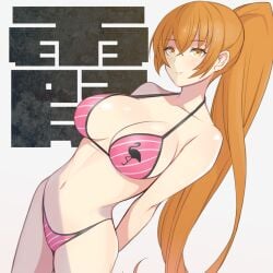 arms_behind_back bare_arms bikini blush breasts cleavage closed_mouth collarbone cowboy_shot dead_or_alive dead_or_alive_xtreme_beach_volleyball female flamingo_print kasumi_(doa) konishiki_(52siki) large_breasts long_hair looking_at_viewer navel orange_eyes orange_hair pink_bikini ponytail smile solo stomach striped_bikini striped_clothes swimsuit text_background very_long_hair white_background