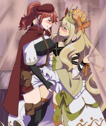 2girls after_kiss anna_(fire_emblem) anna_(fire_emblem_warriors) blonde_hair celine_(fire_emblem) fefex female female_only fire_emblem fire_emblem_engage fire_emblem_warriors green_eyes multiple_girls nintendo red_eyes red_hair rs40uchiha saliva_trail thighs yuri