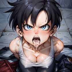 1girls after_fellatio after_oral ai_generated angry angry_face arbitrary blue_eyes cleavage cum cum_in_mouth cum_on_breasts dragon_ball dragon_ball_z hi_res open_mouth short_hair stable_diffusion tank_top toned_female tongue_out videl