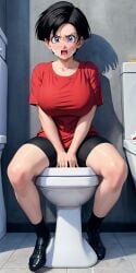 ai_generated arms_around_breasts big_breasts bike_shorts black_hair blue_eyes cum_on_face dragon_ball embarrassed hands_covering_pussy interior interior_scene latex_shoes light_blush looking_at_viewer open_mouth red_clothes short_hair spread_legs toilet_seat tshirt videl