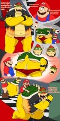 absurd_res anal anal_sex ass belly big_belly big_butt blush bodily_fluids bowser castle clothing dialogue dripping duo from_behind_position genital_fluids ha_a_monkey hi_res human indoors koopa leaking_precum male male/male mammal mario mario_(series) nintendo overweight overweight_male penetration precum precum_drip presenting presenting_hindquarters scalie sex shell size_difference small_dom_big_sub super_mario_bros. text underwear undressing