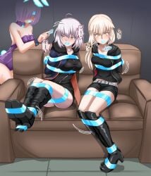 3girls anger_vein artoria_pendragon_(alter) bondage bound_legs bound_together fate/grand_order fate_(series) gag gaggged jeanne_alter sitting thalter39o