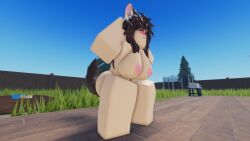 1girls 3d 3d_(artwork) ;3 animal_ears areolae arms_behind_head ass barefoot big_ass big_breasts blush breasts brown_hair completely_nude completely_nude_female female female_only full_body long_hair naked naked_female nipples nude nude_female one_eye_closed outdoors outside roblox robloxian smile solo solo_female squatting tail that_rel wink