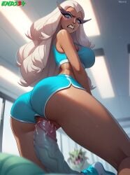 ai_generated big_ass big_breasts blue_shorts dark-skinned_female ends34 female female_focus gym_uniform hazbin_hotel long_hair milf monster pussy sera_(hazbin_hotel) sex sex_from_behind sport sports_bra sports_uniform sportswear white_hair