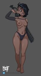 backside black_hair brown_eyes brown_skin naytlayt nude original panties piercing rosa_(naytlayt) shaved_side sword