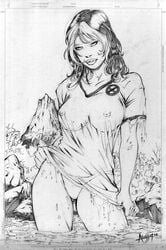 1girls 2008 alisson_rodrigues anna_marie breasts clothing female female_only front_view headband human marvel marvel_comics monochrome partially_submerged rogue_(x-men) solo standing tagme wet_clothes wet_skin x-men