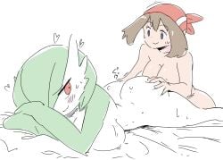 2girls bandanna bandanna_only blue_eyes brown_hair cute drawfag gardevoir humanoid large_ass large_breasts massage may_(pokemon) may_(pokemon_rs) naked nintendo pokemon pokemon_(species) pokemon_rse pokephilia red_eyes smile source_request tagme yuri