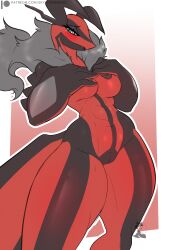 anthro big_breasts black_body blue_eyes breasts claws female fur generation_6_pokemon hi_res horn legendary_pokemon neck_tuft nintendo pokemon pokemon_(species) red_body skylosminkan tuft wings yveltal