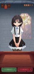 black_hair blue_eyes dress maid naytlayt original original_character shirt shy stained_clothes stylized visual_novel visual_novel_interface