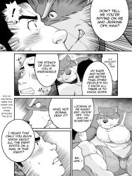 2boys anthro bara blush caught clothed clothing comic curious dialogue english_text fur furry gay human human_on_anthro humanoid interspecies looking_at_another male male/male male_only muscular muscular_male nervous neyukidou size_difference smaller_male stalker surprised text translated