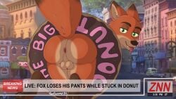 1boy absurd_res all_fours anthro anus ass backsack balls big_butt canid canine dessert disney donut doughnut food foofyscoop fox fur genitals green_eyes hi_res inner_ear_fluff judy_stuck_in_donut_redraw male male_only mammal meme narrowed_eyes news news_report nick_wilde orange_body orange_fur pawpads paws red_fox snaggle_tooth solo stuck stuck_in_object thick_thighs thighs_together through_wall tongue tongue_out true_fox tuft zootopia