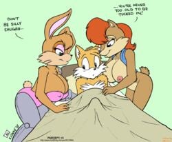 2010 anthro archie_comics bed big_breasts breasts bunnie_rabbot canine chipmunk clothing female fox furry in_bed interspecies male mammal mobian_(species) multiple_girls penis_bulge rabbit rodent sally_acorn sega sonic_(series) sonic_satam sonic_the_hedgehog_(archie) sonic_the_hedgehog_(comics) sonic_the_hedgehog_(series) tails text vkyrie