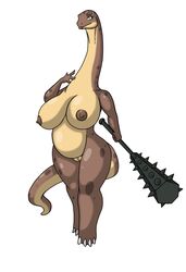 1girls anthro apatosaurus big_nipples breasts club dinosaur female female_only green_eyes huge_breasts long_neck lordstevie nude pussy scalie solo tail weapon