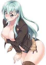 aqua_hair ass black_panties blush breasts breasts_out brown_jacket brown_legwear collarbone embarrassed female green_eyes hair_ornament hairclip jacket kantai_collection large_breasts long_hair long_sleeves looking_at_viewer mikagami_sou navel nipples panties remodel_(kantai_collection) shirt simple_background solo suzuya_(kantai_collection) thighhighs underwear upper_body white_background white_shirt