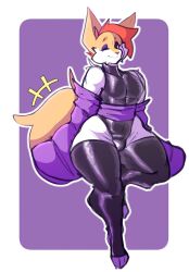 2023 bent_knee black_clothing black_legwear braixen bulge child_bearing_hips exposed_shoulders eyebrows face_tuft facial_tuft femboy fur furry furry_ears furry_male furry_only furry_tail girly hips hips_wider_than_shoulders lucas_(pokebraix) makeup one_eye_closed orange_eye orange_eyebrows orange_fur orange_hair orange_nose pokebraix pokemon pokemon_(species) purple_background purple_clothing purple_eyelids purple_toes thick_calves thick_thighs thigh_highs thighhighs thighs white_background white_fur wide_hips winking winking_at_viewer yellow_fur yellow_tail