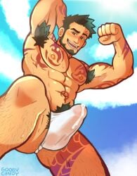 1boy abs arm_up armpit_hair bara beard big_penis black_hair blue_sky body_hair bulge bulge_through_clothing cum cum_drip cum_dripping cum_dripping_from_penis cum_through_underwear cum_trail cumdrip cumming dilf ejaculation erect_penis erection erection_pushing_underwear facial_hair flexing flexing_arm flexing_bicep fundoshi fundoshi_only gooey_candy gyee hairy hairy_armpits hairy_male hairy_thighs hand_behind_head human human_only leaking_precum light-skinned_male light_skin looking_at_viewer looking_down low-angle_view male male_only manly mature mature_male mouth_open muscles muscular muscular_male nipples open_mouth open_smile pecs pectorals penis penis_in_underwear precum_through_clothing priapus priapus_a._tarou pubic_hair smile smiling smiling_at_viewer sunlight sweat sweatdrop sweating sweaty tattoo_on_arm tattoo_on_chest tattoo_on_forehead tattoo_on_stomach tattoo_on_thigh tattooed_arm tattooed_chest tattooed_male tattooed_shoulder tattooed_thigh tattoos underwear underwear_only white_fundoshi white_underwear worm's-eye_view