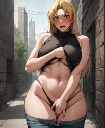 1girls ai_generated bangs black_panties blonde_hair blush brown_eyes caught covering_crotch curvy embarrassed female female_only gardener_ai hand_on_crotch highleg_panties jeans jujutsu_kaisen large_breasts long_hair midriff navel navel_piercing open_mouth panties pants pants_down pony_diffusion_xl shirt shirt_lift sleeveless solo stable_diffusion string_panties tank_top thick_thighs thong toned undressed wide_hips yuki_tsukumo