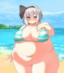 bbw beach belly_overhang big_belly big_female blush chubby chubby_female embarrassed fat fat_ass fat_female fat_fetish fat_girl fat_woman fatty gray_hair huge_belly large_female morbidly_obese morbidly_obese_female nerizou obese obese_female overweight overweight_female pig plump pork_chop thick_thighs touhou tubby weight_gain youmu_konpaku