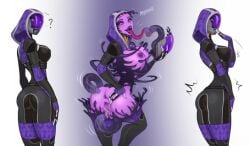 1girls alien_girl ass breasts clothing dildo_gag female hidden_sex hood legs_together living_clothes mask mass_effect open_mouth penis_tentacles purple_skin pussy quarian smile spacemaxmarine spread_legs symbiote tali'zorah_nar_rayya tentacle thick_ass tongue tongue_out wide_hips