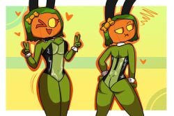 annoyed_expression ass ass ass_focus big_ass big_breasts big_breasts bow breasts breasts bunny_suit bunnysuit butt_crack green_hair gris_bunnysuit happy heart heart jack-o'-lantern jacqueline_(monster_prom) monster_camp monster_prom monster_roadtrip nipples pumpkin pumpkin_head pussy simple_background time_jester_(artist) vagina