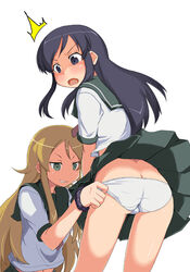 2girls aragaki_ayase ass butt_crack cute_fang female female_only grin human itou_ryuusei kirino_kosaka multiple_girls my_little_sister_can't_be_this_cute naughty_face open_mouth ore_no_imouto_ga_konna_ni_kawaii_wake_ga_nai panties sanbi school_uniform serafuku skirt skirt_lift smile underwear yuri