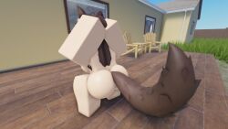 1girls 3d 3d_(artwork) animal_ears arms_behind_head barefoot big_breasts blush breasts brown_hair completely_nude completely_nude_female female female_only full_body long_hair naked naked_female nude nude_female outdoors outside roblox robloxian solo solo_female squatting tail that_rel