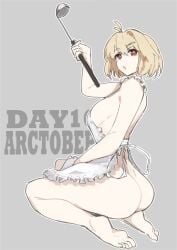 1girls alternate_costume apron apron_only arcueid_brunestud ass barefoot big_ass big_breasts blonde_hair breasts bubble_butt curvy curvy_figure dat_ass feet huge_ass jonyeld kitchen_utensils looking_at_viewer melty_blood naked_apron nude nude_female posing red_eyes sitting smile tagme thick_ass thick_thighs tsukihime type-moon wide_hips