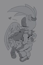 1boy 1girls ass big_breasts breasts busty clothing female furry gloves hands_on_hips head_between_breasts huge_breasts kitsunami_the_fennec larger_female licking_lips male mekaatomic monochrome pants ponytail sega sharp_teeth shoes smaller_male sonic_(series) sonic_the_hedgehog_(comics) surge_the_tenrec tongue_out