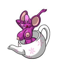 1girls alice_in_wonderland anthro big_breasts closed_eyes dormouse dormouse_(alice_in_wonderland) fairy_tales female furry literature lordstevie monster_girl mouse nipples nude pink_body public_domain simple_background solo stretching teacup