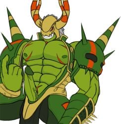 abs armor bandai_namco biceps big_pecs bodily_fluids breasts claws cleavage clothed clothing cum digimon digimon_(species) erection genital_fluids genitals horn humanoid inviting leaking_cum looking_at_viewer male male_only muscular muscular_male nipples pecs penis scar sitting smile solo teeth thewanktuary titamon vein veiny_penis