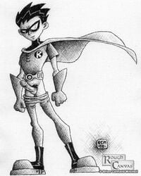 cape crosshatching dc dc_comics dcau dick_grayson erect_penis human male male_only mask monochrome pants_down presenting_penis proud_of_his_cock robin_(dc) robin_(dick_grayson) rough_canvas solo superhero tagme teen_titans