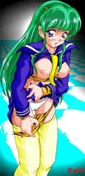 1990s 1999 1girls 20th_century blue_eyes blush female green_hair horns humanoid kou_(rall2) large_breasts light-skinned_female light_skin long_hair looking_at_viewer lum nipples oni panties princess school_uniform solo tagme tiger_print urusei_yatsura