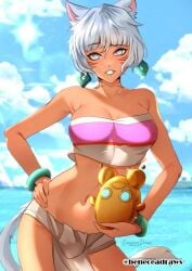 1girls solo female_only female female_focus short_hair armpits collarbone shoulders fingers fingernails large_breasts breasts midriff belly navel belly_button thighs groin slim_waist slim_female narrow_waist slender_waist slender_body lean_figure wide_hips hourglass_figure upper_body highres high_resolution standing hair_between_eyes looking_at_viewer digital digital_media digital_art digital_drawing digital_media_(artwork) digital_drawing_(artwork) 2d 2d_(artwork) 2d_artwork drawing sky blue_sky clouds day daytime daylight outdoor outdoors outside outdoor_nudity nude naked nudity naked_female nude_female naked_woman half_naked half_nude semi_nude sea ocean seaside water horizon blurry_background blurred_background sunlight sunlight_rays silver_hair silver-haired_female silver_hair_female grey_hair grey-haired_female grey_eyes grey-eyed_female eyebrows_visible_through_hair earrings animal_ears animal_ear_fluff animal_tail cat_ears cat_tail posing posing_for_the_viewer smile smiling smiley_face smiling_at_viewer parted_lips busty busty_female busty_girl adult adult_female mature_female mature large_boobs big_breasts big_boobs brown_skin brown_skinned_female brown-skinned_female bikini swimsuit swimwear bikini_top pink_bikini pink_swimsuit pink_swimwear pink_bikini_top bikini_only stomach linea_alba fit_female hand_on_hip hand_on_waist hand_on_own_hip hand_on_own_waist beneceadraws bracelet inguinal_crease inguinal_ligament curvy curvy_figure curvy_body curvy_female curvy_hips bare_skin bare_shoulders bare_chest bare_arms bare_armpits bare_hands bare_midriff bare_belly bare_navel curvaceous curvaceous_figure curvaceous_body curvaceous_female curvaceous_hips exposed_skin exposed_shoulders exposed_chest exposed_arms exposed_armpits exposed_midriff exposed_belly exposed_navel final_fantasy
