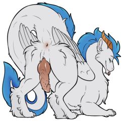 1:1 alpha_channel anus dragon feathered_wings feathers fur genitals green_eyes horn knot male mane mythological_creature mythological_scalie mythology penis scalie symrea telegram_sticker white_body wings