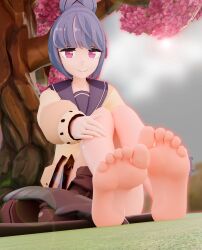 3d barefoot blue_hair feet feet_together foot_fetish foot_focus pink_eyes school_uniform shima_rin shiny_skin toes yurucamp