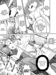 2boys anthro balls bara barely_clothed blush bulge_through_clothing closed_eyes clothed clothing comic dialogue english_text erection erection_under_clothes fangs fur furry gay human humanoid interspecies looking_at_another looking_pleasured male male/male male_only moan moaning muscular muscular_male neyukidou nipples open_mouth pecs penis sensitive sex shy submissive_male sucking_penis text tongue translated veiny_penis yaoi