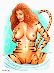 2007 anthro avengers blanket closed_eyes hand_on_breast hand_on_thigh long_hair long_tail marvel navel orange_hair osias red_lipstick sitting_on_bed smile solo striped_fur tagme tiger_girl tigra