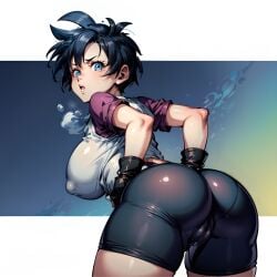 1girls ai_generated arbitrary ass bent_over bike_shorts black_hair blue_eyes cameltoe dragon_ball dragon_ball_z hi_res large_breasts short_hair skin_tight stable_diffusion toned_female videl