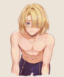 1boy 2d 2d_(artwork) arupi blonde_hair blonde_hair_blue_eyes blonde_hair_male blonde_male bulge choker eye_visible_through_hair eyebrows_visible_through_hair freminet_(genshin_impact) genshin_impact lean_muscle light-skinned_male light_skin looking_at_viewer male male_only muscular nipples simple_background solo solo_male topless_male video_game_character video_game_franchise