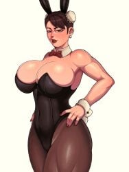 1girls 2023 big_breasts brown_eyes brown_hair bunny_ears bunnysuit capcom chun-li davespinup detached_collar earrings female female_only hands_on_hips hi_res looking_at_viewer mature_female milf muscular_thighs narrowed_eyes neck_ribbon pantyhose red_lipstick simple_background smiling smiling_at_viewer solo street_fighter thick_thighs twin_buns wrist_cuffs