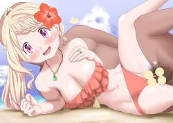 1boy 1girls bikini bikini_bottom bikini_top blonde_hair bra female female_focus looking_at_viewer magia_record:_mahou_shoujo_madoka_magica_gaiden mahou_shoujo_madoka_magica male momoko_togame penetration penis penis_in_pussy ponytail puella_magi_madoka_magica red_eyes sex smile smiling smiling_at_viewer solo_focus strayed_raven togame_momoko vagina vaginal_penetration vaginal_sex wavy_hair